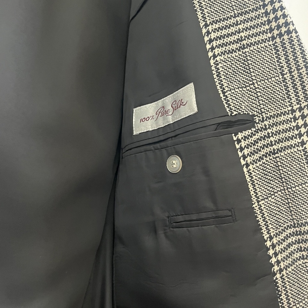 Vintage Bachrach Plaid Blazer 40R 100% Silk Lined Black White Glen Check - Picture 6 of 14